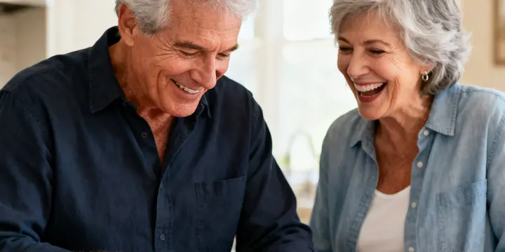 An older man slicing vegetables while his wife laughs beside him in their kitchen