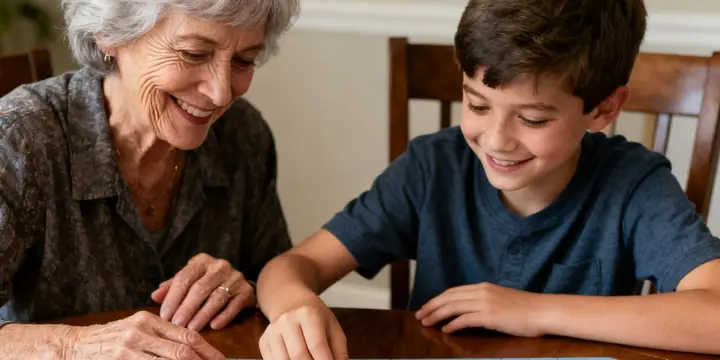 A grandmother and her grandson fitting a piece into a jigsaw puzzle