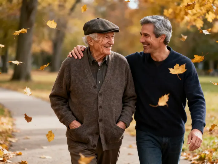 A middle-aged man walking arm in arm with his elderly father among falling autumn leaves